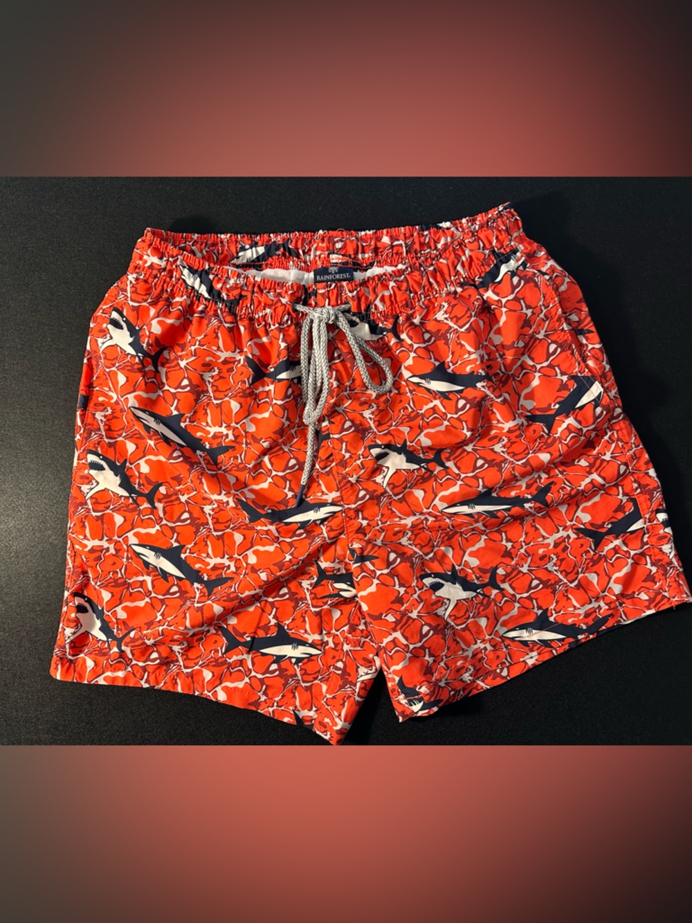 Rainforest Youth Orange Shark Print Swim Trunks Mesh Lined Board Shorts Small